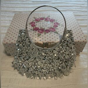 NWOT Silver Sequined Clear Jeweled Clutch Bag PLUS Storage Box